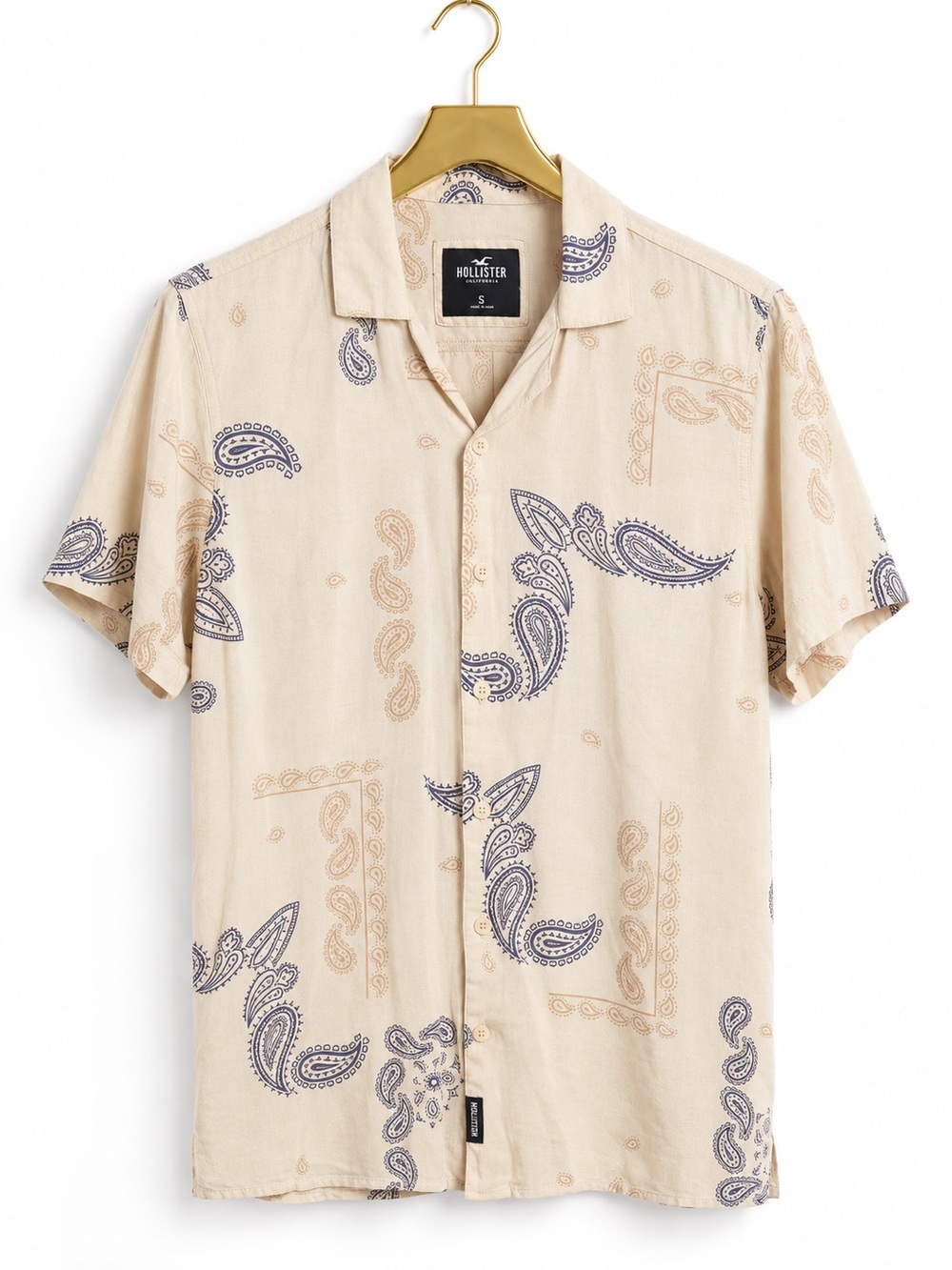 Hollister Men’s Paisley Button-Up Shirt Short Sleeve Beige Blue Size Small